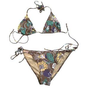 Missioni Vintage Swim 42/6 Floral Triangle String Bikini Swimsuit Brown Multi